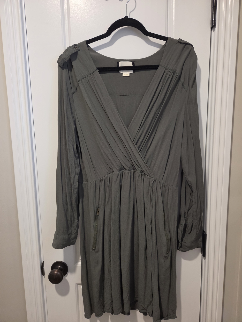 Maeve Olive Green Long Sleeve Faux Wrap-Style Dress XL